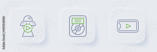 Set line Online play video, CD disk award frame and Science fiction icon. Vector