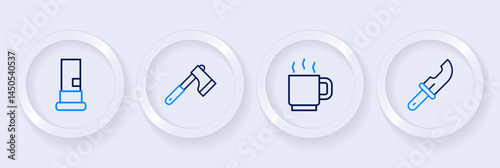 Set line Hunter knife, Coffee cup, Wooden axe and Cartridges icon. Vector