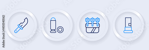 Set line Cartridges, Quiver with arrows, Bullet and Hunter knife icon. Vector