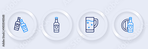 Set line Beer bottle and wooden barrel, Glass of beer, and icon. Vector