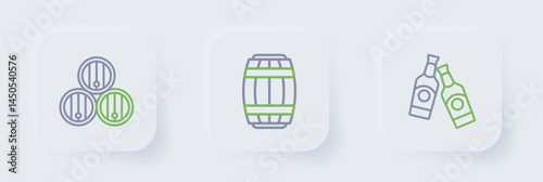 Set line Beer bottle, Wooden barrel and icon. Vector