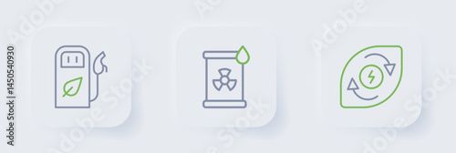Set line Water energy, Radioactive waste in barrel and Petrol or gas station icon. Vector