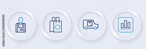 Set line Pie chart infographic, Delivery cargo truck, Paper shopping bag and Seller icon. Vector