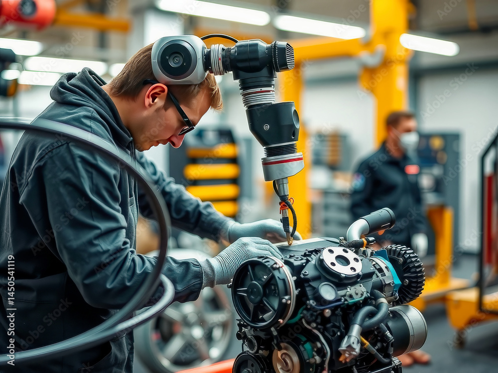 A man is working on a car engine in a factory. He is wearing a black jacket and gloves