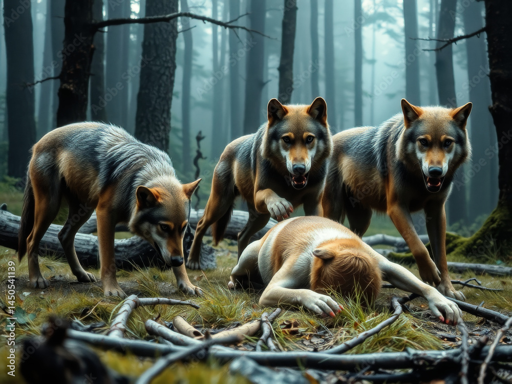 A pack of wolves are attacking a person in the woods. Scene is intense and dangerous