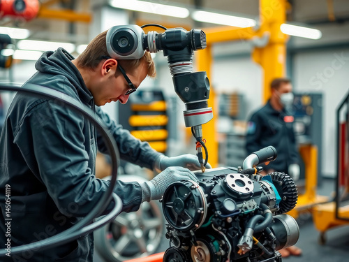 Obraz na płótnie A man is working on a car engine in a factory. He is wearing a black jacket and gloves w salonie