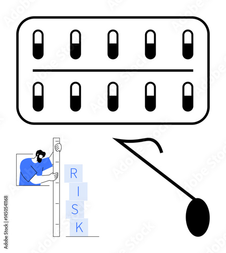 Pills in blister pack, large balancing lever, individual adjusting tower labeled risk. Ideal for health, decision-making, analysis, healthcare, pharmacy, balance risk management simple landing page