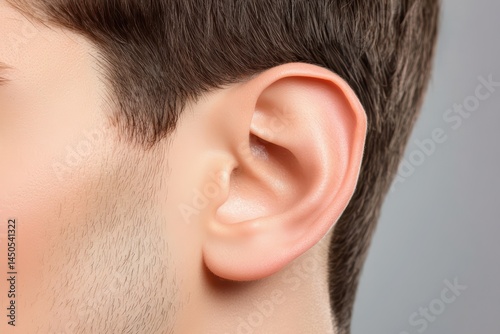 Close-up of human ear with soft skin and detailed structure on light background for educational and artistic use