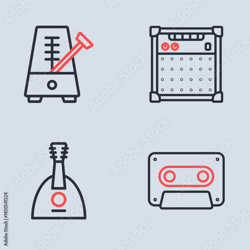 Set line Guitar amplifier, Balalaika, Retro audio cassette tape and Metronome with pendulum icon. Vector