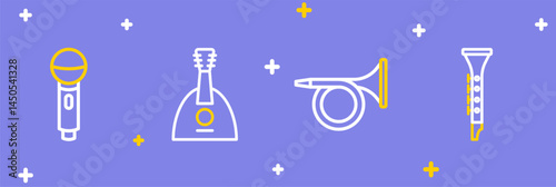 Set line Clarinet, Trumpet, Balalaika and Microphone icon. Vector