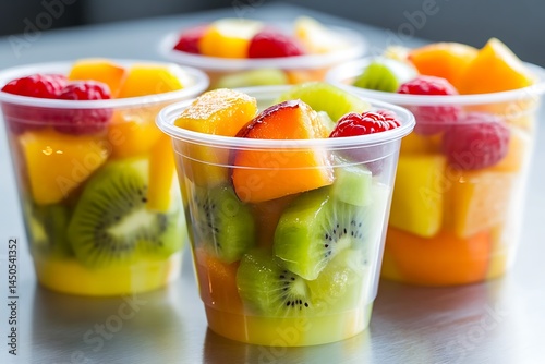 Fresh fruit salad in a plastic cup, healthy snack with strawberries, kiwi, mango, and raspberries, vibrant colors, refreshing and nutritious food photography, summer treat, and healthy eating