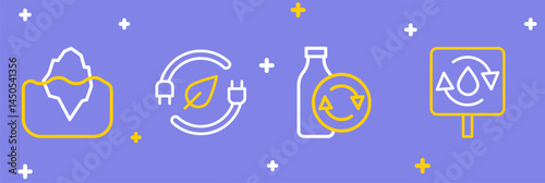 Set line Recycle clean aqua, Recycling plastic bottle, Electric saving plug leaf and Iceberg icon. Vector