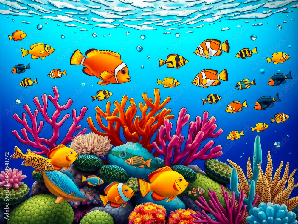 A colorful underwater scene with a variety of fish swimming around coral. Scene is lively and vibrant, with the fish of different colors and sizes creating a dynamic and lively atmosphere