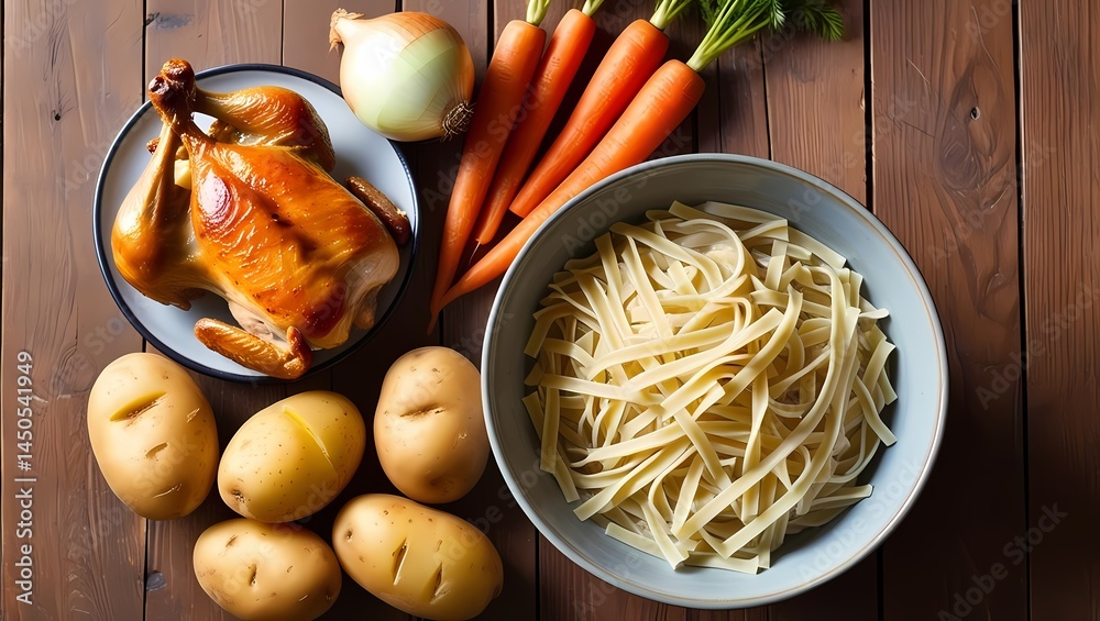 Cooking ingredients displayed on a wooden table for a hearty meal preparation