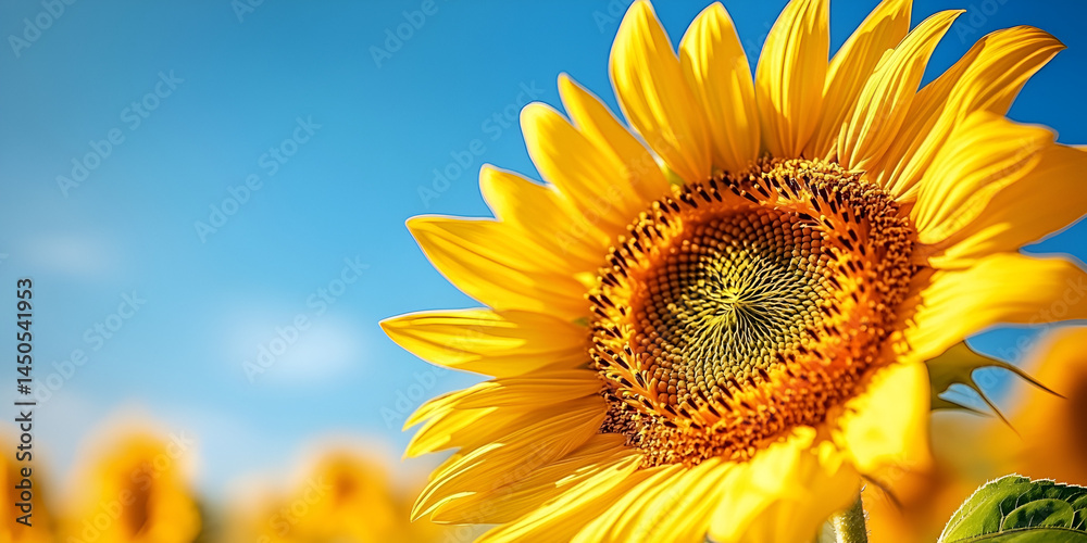 Naklejka premium Vibrant Sunflower Field Under Clear Blue Sky, Close-up of Sunflower in Bright Sunlight, Sunflowers Blooming in Summer Field