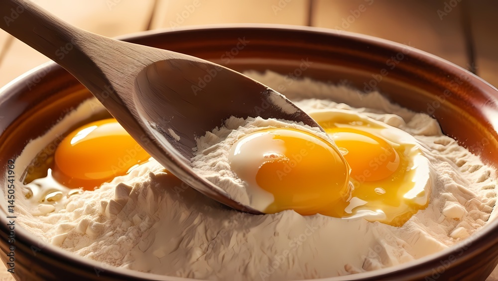 Mixing eggs into flour for baking in a casual kitchen setting