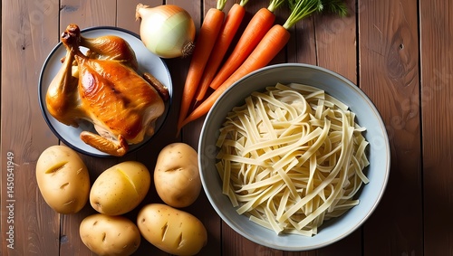 Cooking ingredients displayed on a wooden table for a hearty meal preparation