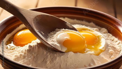Obraz na płótnie Mixing eggs into flour for baking in a casual kitchen setting w salonie