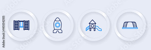 Set line Monkey bar, Slide playground, Rocket ship toy and Swedish wall icon. Vector