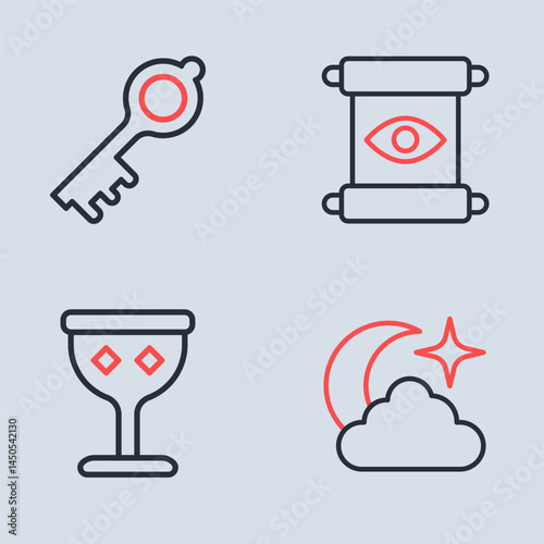 Set line Magic scroll, Medieval goblet, Moon and stars and Old magic key icon. Vector