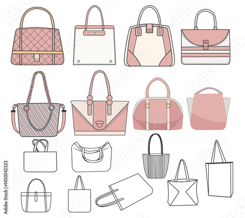 Set of stylish cartoon female bags collection