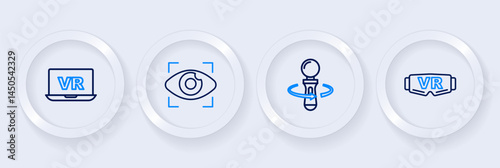 Set line Virtual reality glasses, VR controller game, Big brother electronic eye and icon. Vector