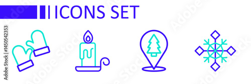 Set line Snowflake, Christmas tree, Burning candle and mittens icon. Vector