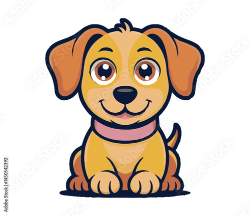 Cute cartoon-style dog vector illustration, full body, clean lines, flat colors, white background, friendly expression, sitting pose, perfect for logo or t-shirt design, high contrast, minimal shadows