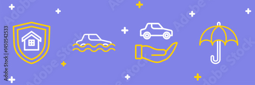 Set line Umbrella, Car insurance, Flood car and House with shield icon. Vector