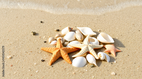 Washed ashore marine treasures including bright starfish and pearly seashells on a serene beach