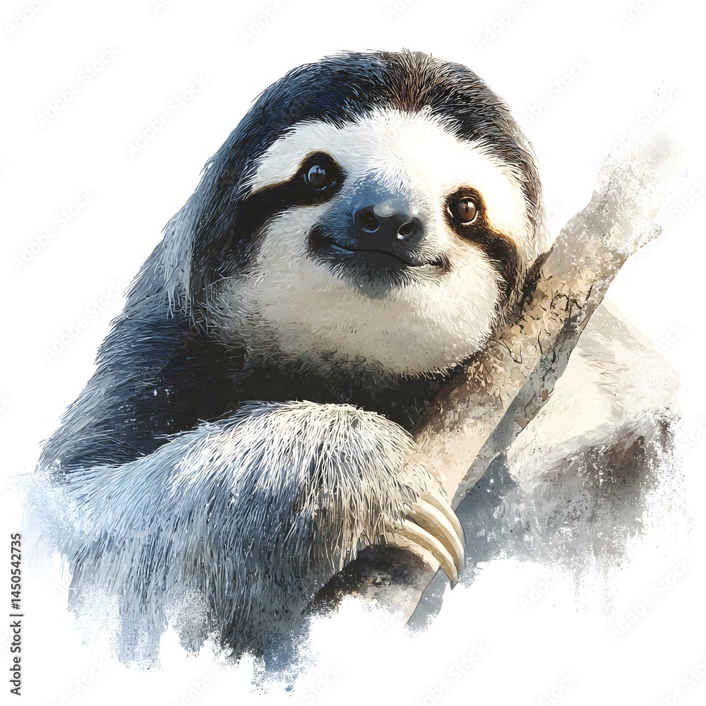 Fototapeta premium A charming three-toed sloth clings happily to a tree branch in a painted digital illustration against a white background.
