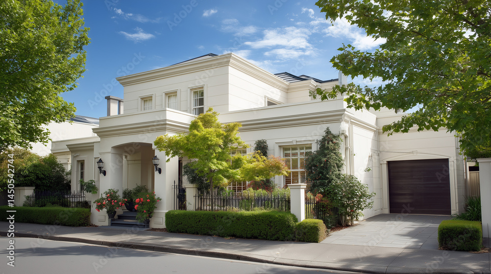 Obraz premium Elegant house entrance with clean lines, blending modern design and serene outdoor beauty.