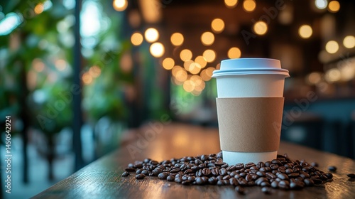 Takeaway coffee cup on wooden table with coffee beans