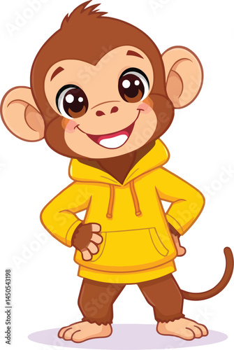 Cute Cartoon Monkey Wearing a Yellow Hoodie and Smiling on White Background.eps