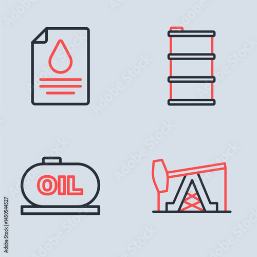 Set line Barrel oil, Oil tank storage, pump pump jack and Contract money and pen icon. Vector