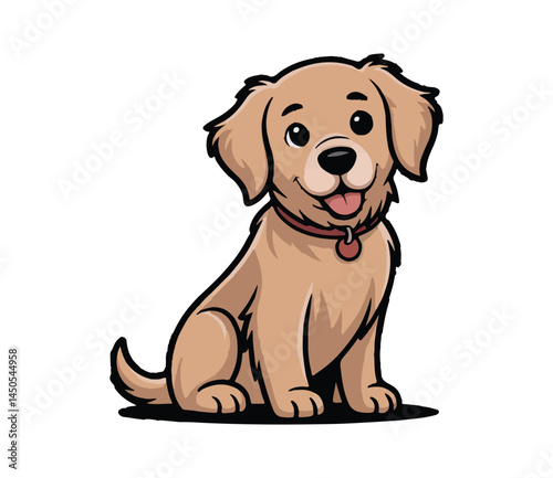 Cute cartoon-style dog vector illustration, full body, clean lines, flat colors, white background, friendly expression, sitting pose, perfect for logo or t-shirt design, high contrast, minimal shadows