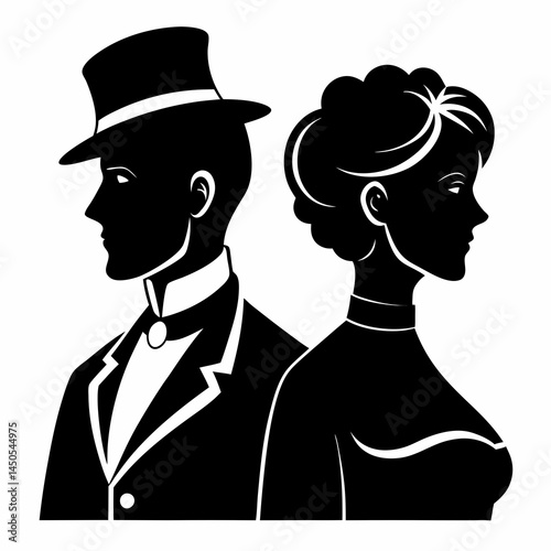 Victorian Couple Silhouette Vector in Black Color for Elegant Vintage Designs