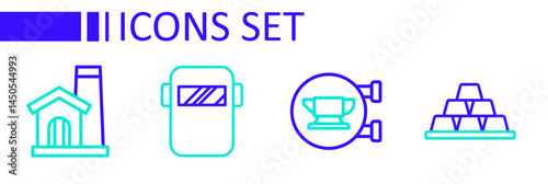 Set line Gold bars, Blacksmith anvil tool, Welding mask and Smithy workshop interior icon. Vector