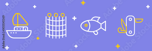 Set line Swiss army knife, Fish, Fishing net pattern and Yacht sailboat icon. Vector