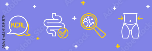 Set line Women waist, GMO, Intestines and Kcal icon. Vector