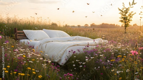 Dreamy bed in wildflower field during sunset  