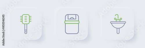 Set line Washbasin, Trash can and Toilet brush icon. Vector