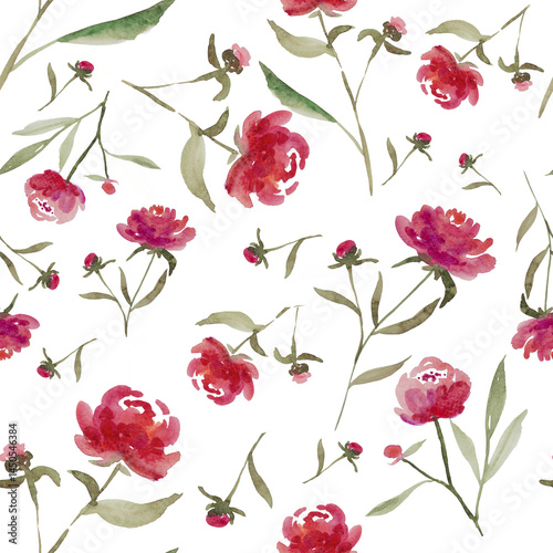 Seamless hand-painted watercolor red rose/peony floral pattern on a  transparent background seamless pattern,seamless repeating pattern,vintage