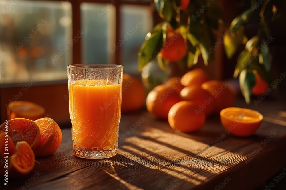 Fresh Orange Juice On Wooden Table With Morning Light And Citrus Halves Fresh Orange Juice On Wooden Table With Morning Light And Citrus Halves