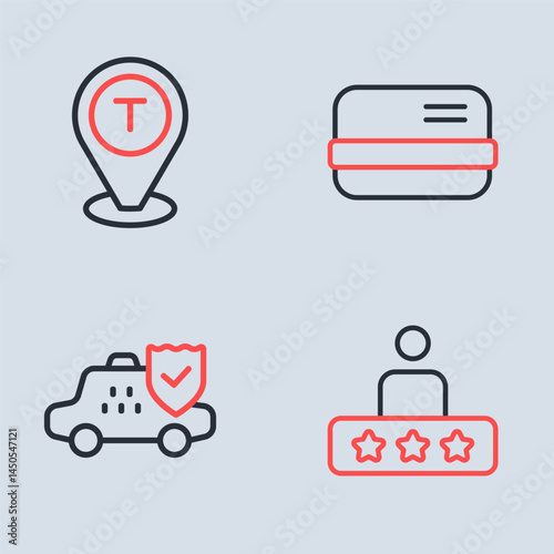 Set line Credit card, Taxi insurance, service rating and Location taxi icon. Vector