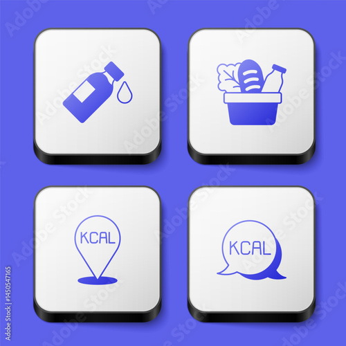 Set Bottle of water, Shopping bag and food, Kcal and icon. White square button. Vector