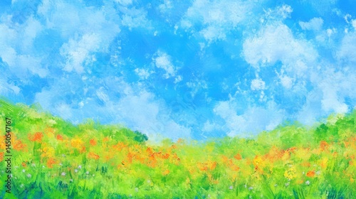 A vibrant landscape painting of a meadow under a bright blue sky.