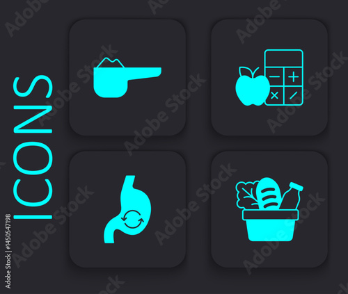 Set Shopping bag and food, Sports nutrition proteine, Calorie calculator and Human stomach health icon. Black square button. Vector