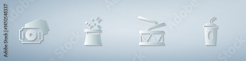 Set Circus ticket, Magician hat, Drum with drum sticks and Paper glass water. Paper art style. Vector