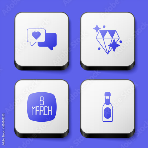 Set Heart in speech bubble, Diamond, 8 March and Champagne bottle icon. White square button. Vector